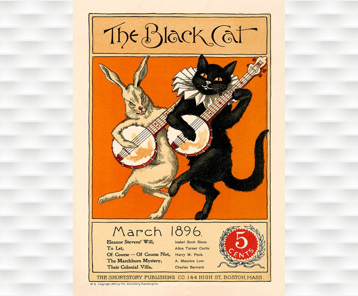 The Black Cat March 1896 Banjo Cat and Rabbit Vintage Magazine Poster