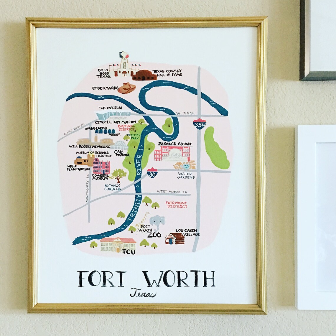 Framed Fort Worth Texas Illustrated City Landmark Map Art Poster