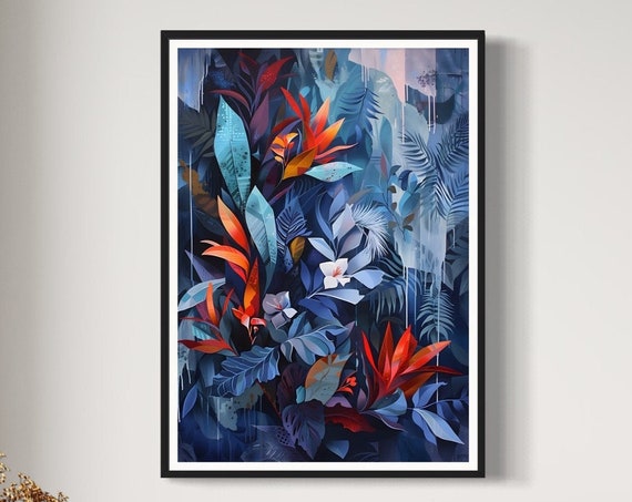 Blue Tropical Art Print Nature Home Decor Colourful Floral Artwork Modern Wall Design Flowers And Leaves Botanical Abstract Painting