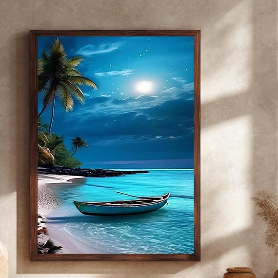 Moonlit Tropical Beach Canvas Wall Art Palm Trees And Rowboat Under Bright Full Moon Coastal Night Scene Decor