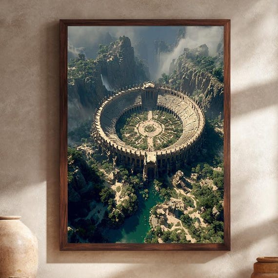 Ancient Fantasy Arena Wall Art With Majestic Ruins And Mountain Valley Epic Colosseum Style Landscape Print For Home Decor