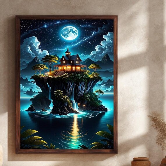 Moonlit Island House Canvas Wall Art Fantasy Ocean Night Print Enchanted Tropical Landscape Magical Dream Home Decor