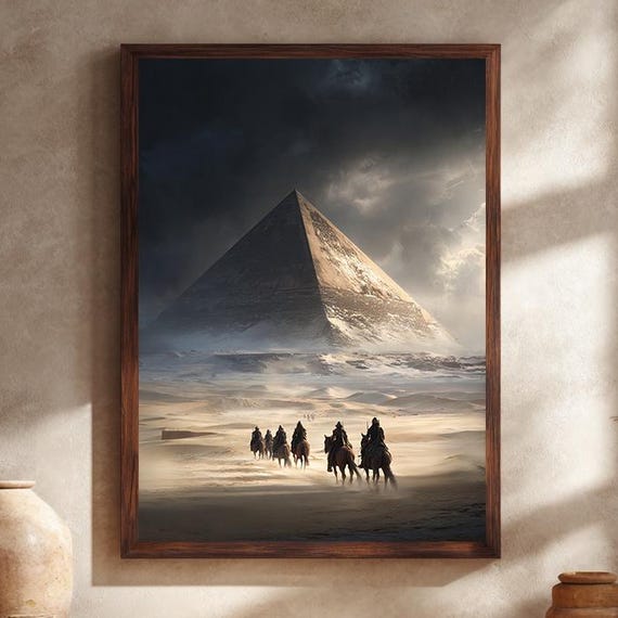 Epic Pyramid Desert Wall Art Print Ancient Egypt Camel Caravan Painting Mysterious Historical Landscape Poster