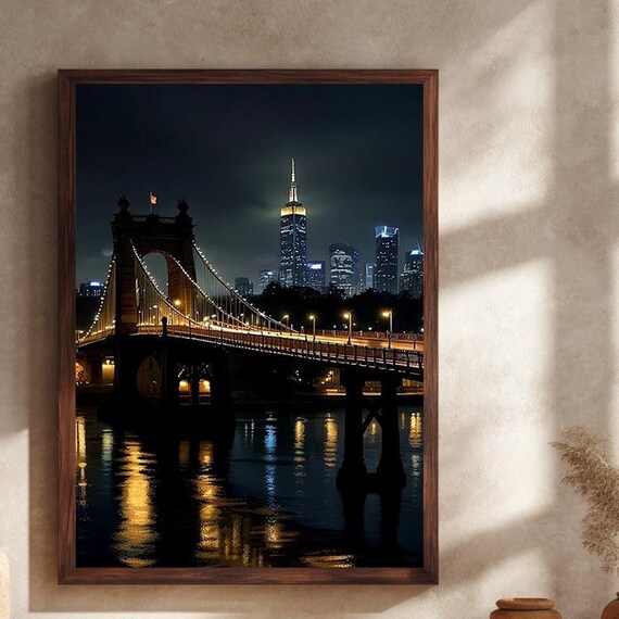 Illuminated Suspension Bridge City Skyline Night Photo Poster