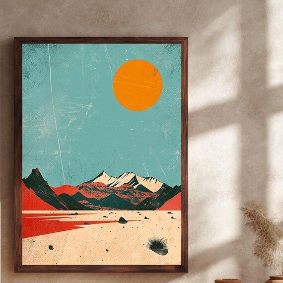Retro Desert Landscape Wall Art Canvas Print Minimal Mountain Scene Illustration Bold Sun And Sand Artwork For Modern Vintage Decor