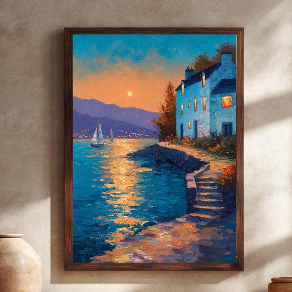 Romantic Sunset Seaside Oil Painting Poster with Sailboats and Cottage