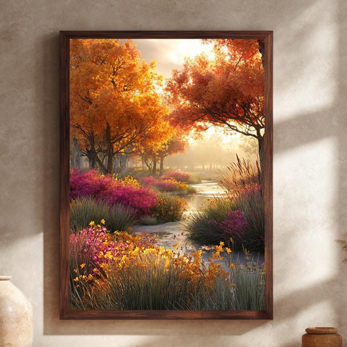 Autumn Forest Stream Colorful Wildflowers Morning Light Poster