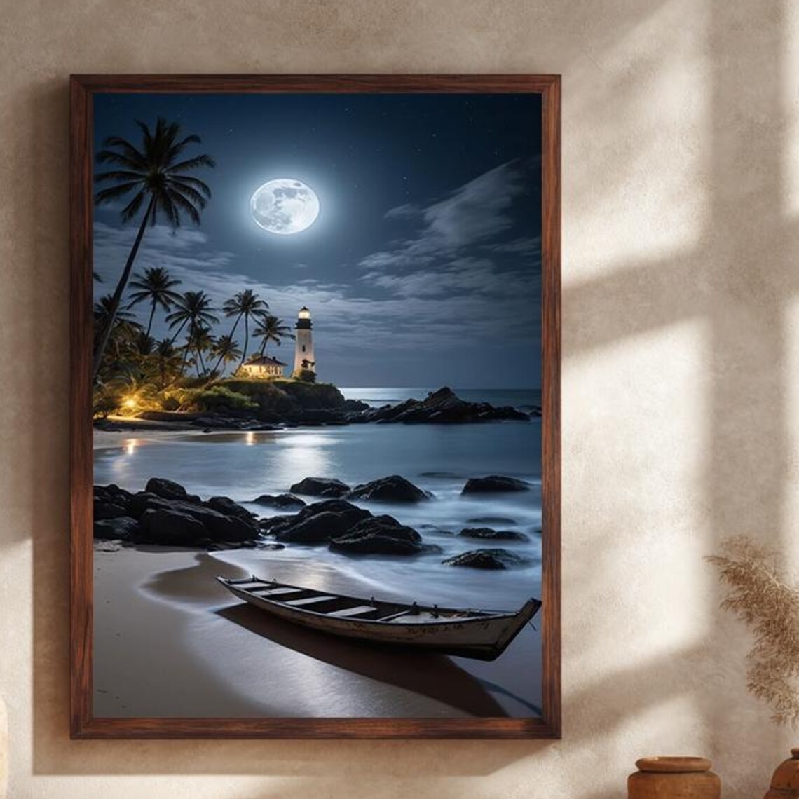 Moonlit Lighthouse Beach Coastal Decor Wall Art Print