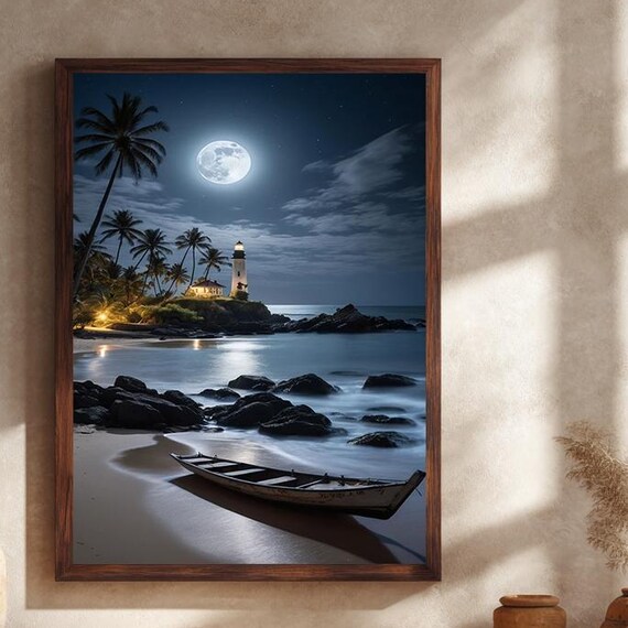 Moonlit Lighthouse Beach Coastal Decor Wall Art Print