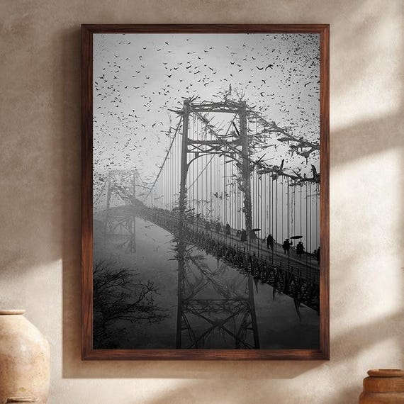Post Apocalyptic Bridge Wall Art Print Dark Fantasy Horror Painting Gothic Black White Dystopian Canvas Home Decor