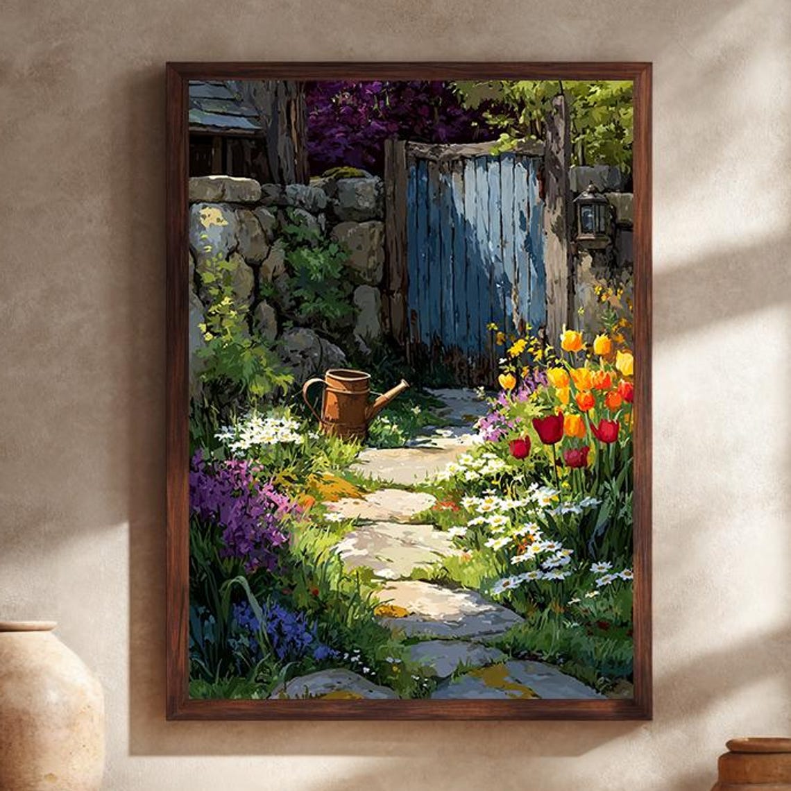 Cottage Garden Path with Wildflowers and Weathered Blue Gate Print