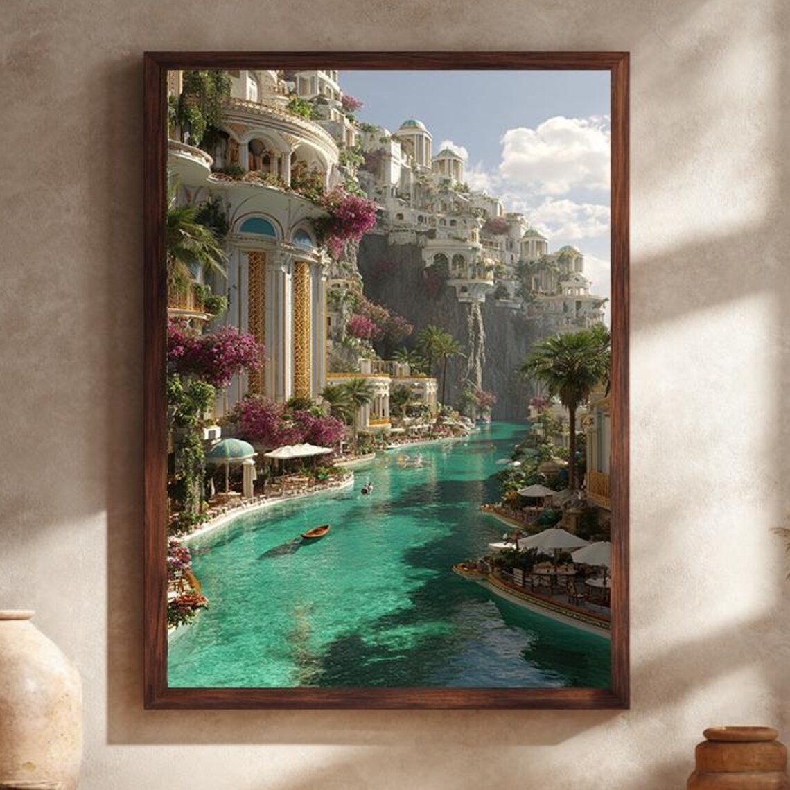 Mediterranean Fantasy Cliffside City Turquoise Lagoon Dream Wall Poster