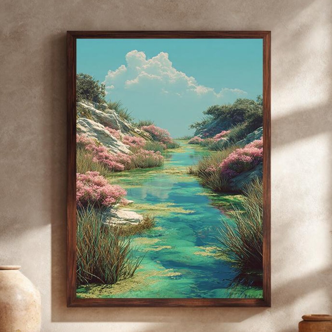 Tranquil Spring Stream with Pink Flowers and Turquoise Water Print