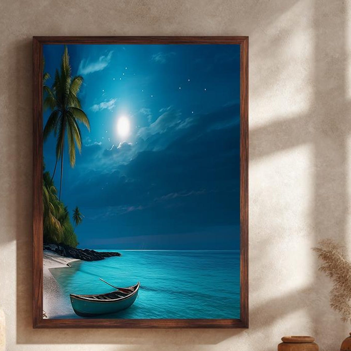 Moonlit Tropical Beach Night Ocean Palm Tree Canoe Scene Poster