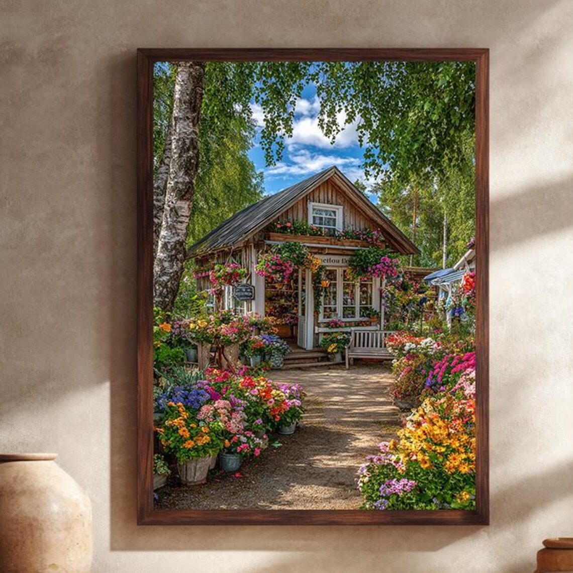 Flower Cottage Art Print, Rustic Floral Garden House