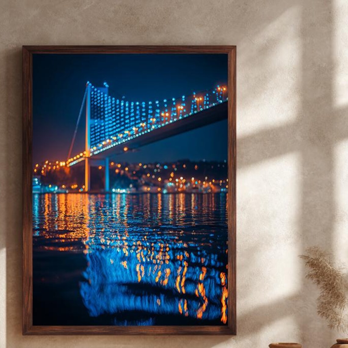 Illuminated Suspension Bridge at Night Poster City Lights Over Water Art