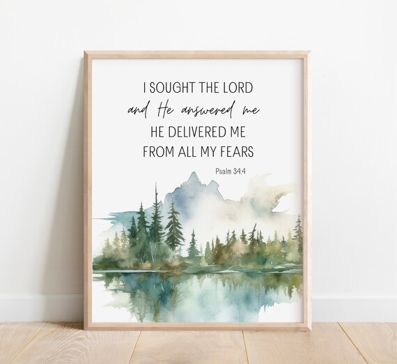 Psalm 344 I Sought The Lord And He Answered Me Bible Verse Wall Art Christian Watercolor Mountain Wilderness Forest Woods