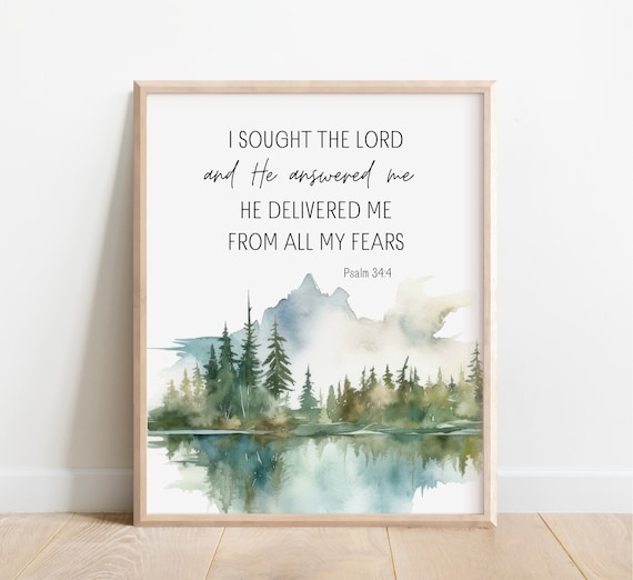 Psalm 34:4 I Sought The Lord Watercolor Forest Lake Bible Print