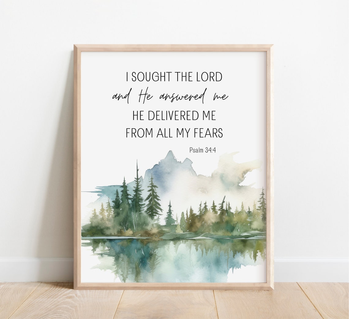 Psalm 34:4 I Sought The Lord Watercolor Forest Lake Bible Print