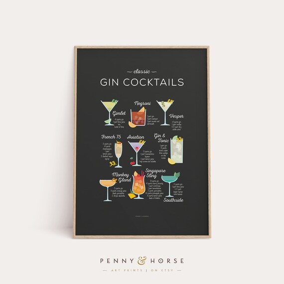 Classic Gin Cocktails Illustrated Recipe Chart Black Bar Wall Poster