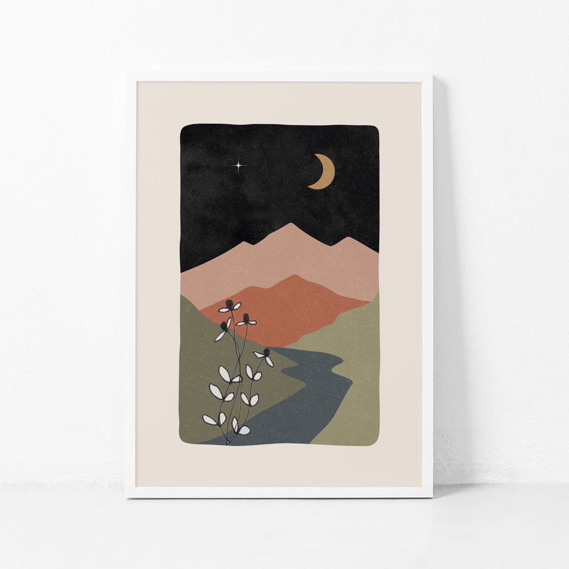 Midnight Moon Mountains Night Landscape Abstract Boho Art Print