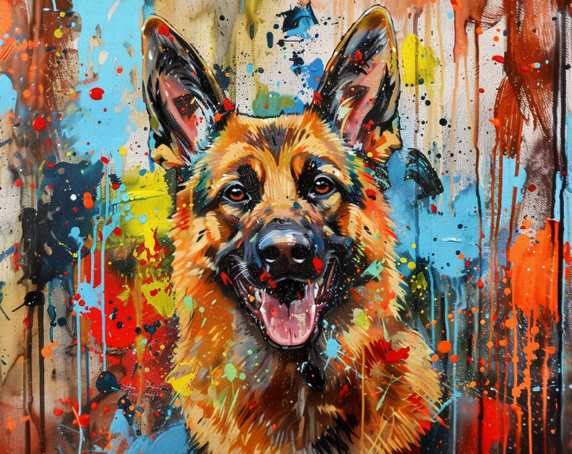 Happy German Shepherd Tongue Out Colorful Graffiti Style Dog Poster