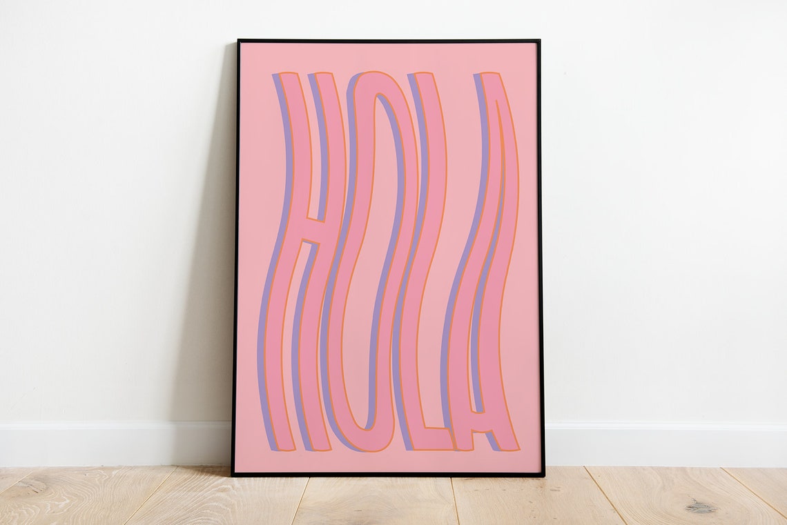 Hola Wavy Retro Playful Spanish Typography Pink Word Art Poster