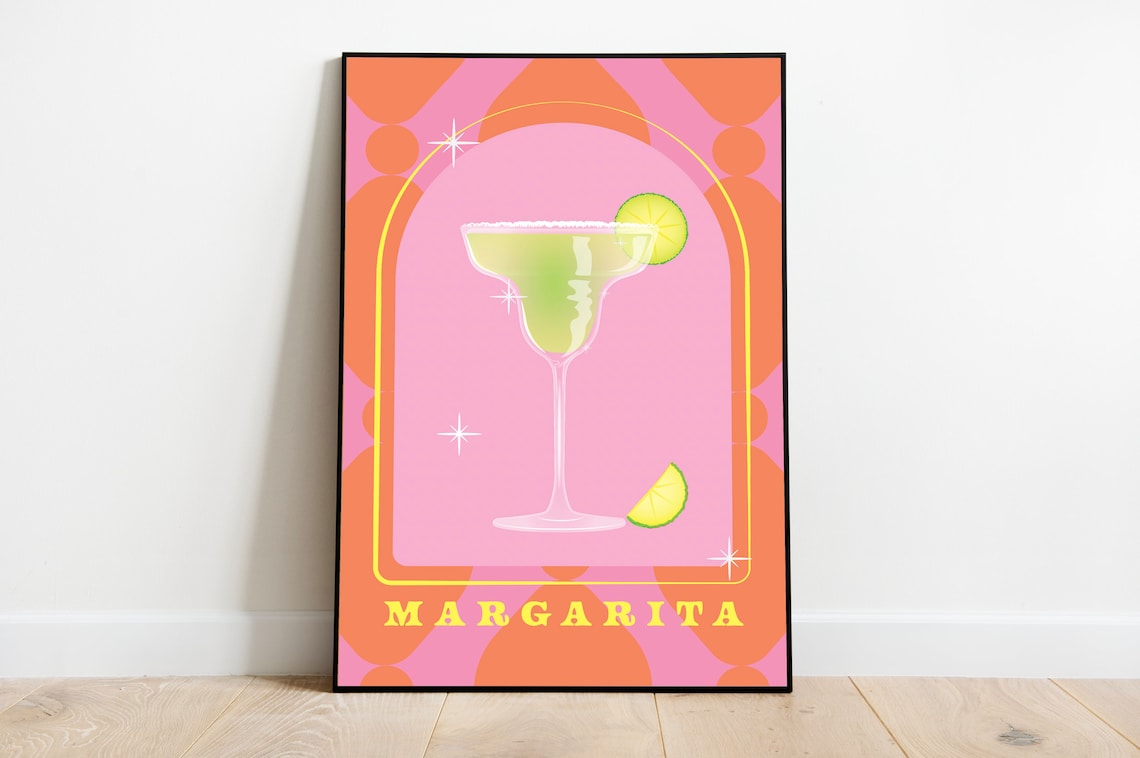 Margarita Retro Cocktail Pink Lime Bar Cart Colorful Art Print