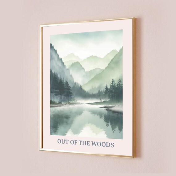 Out of the Woods Misty Mountain Lake Watercolor Landscape Poster