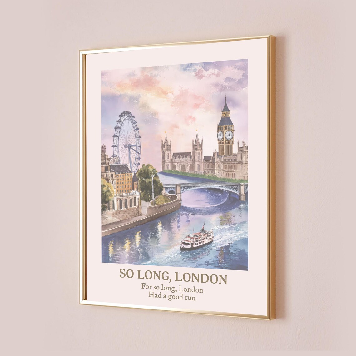 So Long London Watercolor Skyline Poster with Big Ben and London Eye