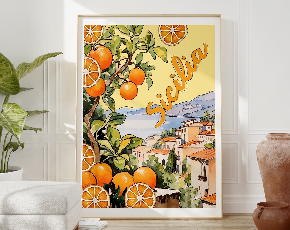 Sicily Italy Travel Poster, Retro Sicilia Oranges