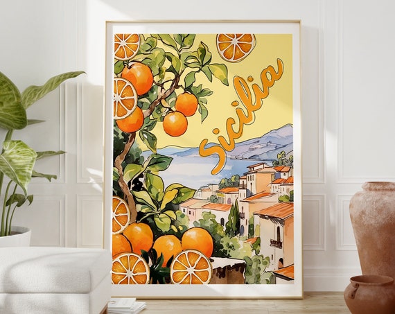 Sicily Italy Travel Poster, Retro Sicilia Oranges