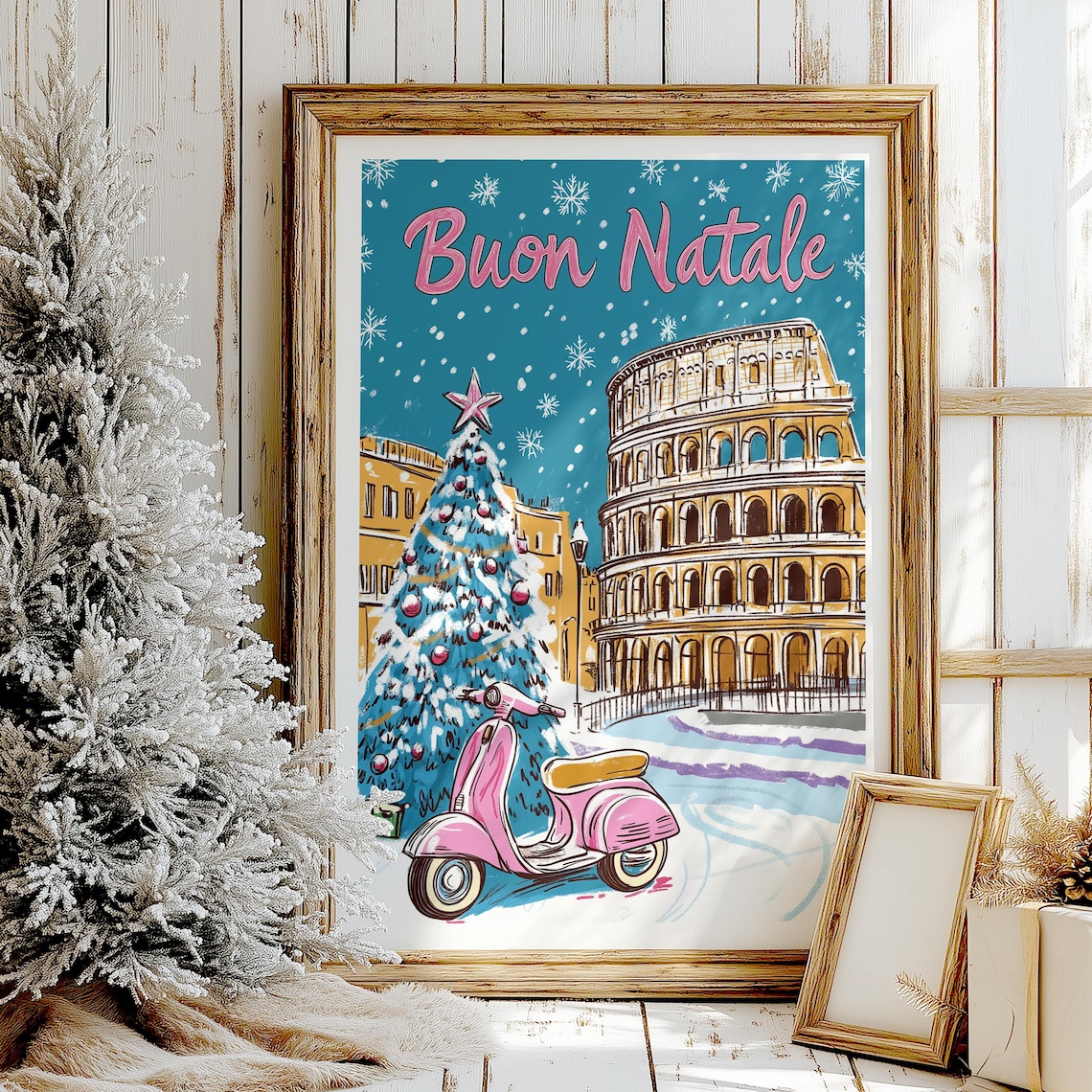 Buon Natale Rome Christmas Colosseum Pink Vespa Holiday Art Poster