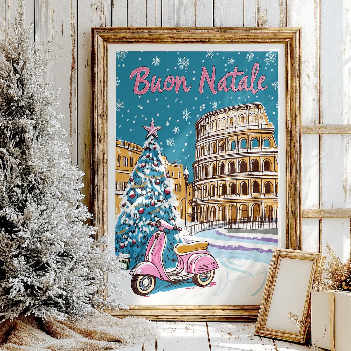 Buon Natale Rome Christmas Tree Pink Scooter Colosseum Poster