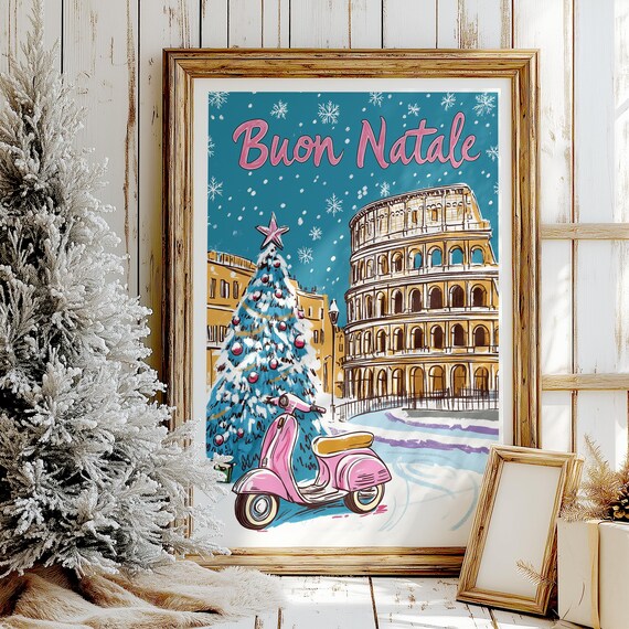 Buon Natale Rome Christmas Tree Pink Scooter Colosseum Poster