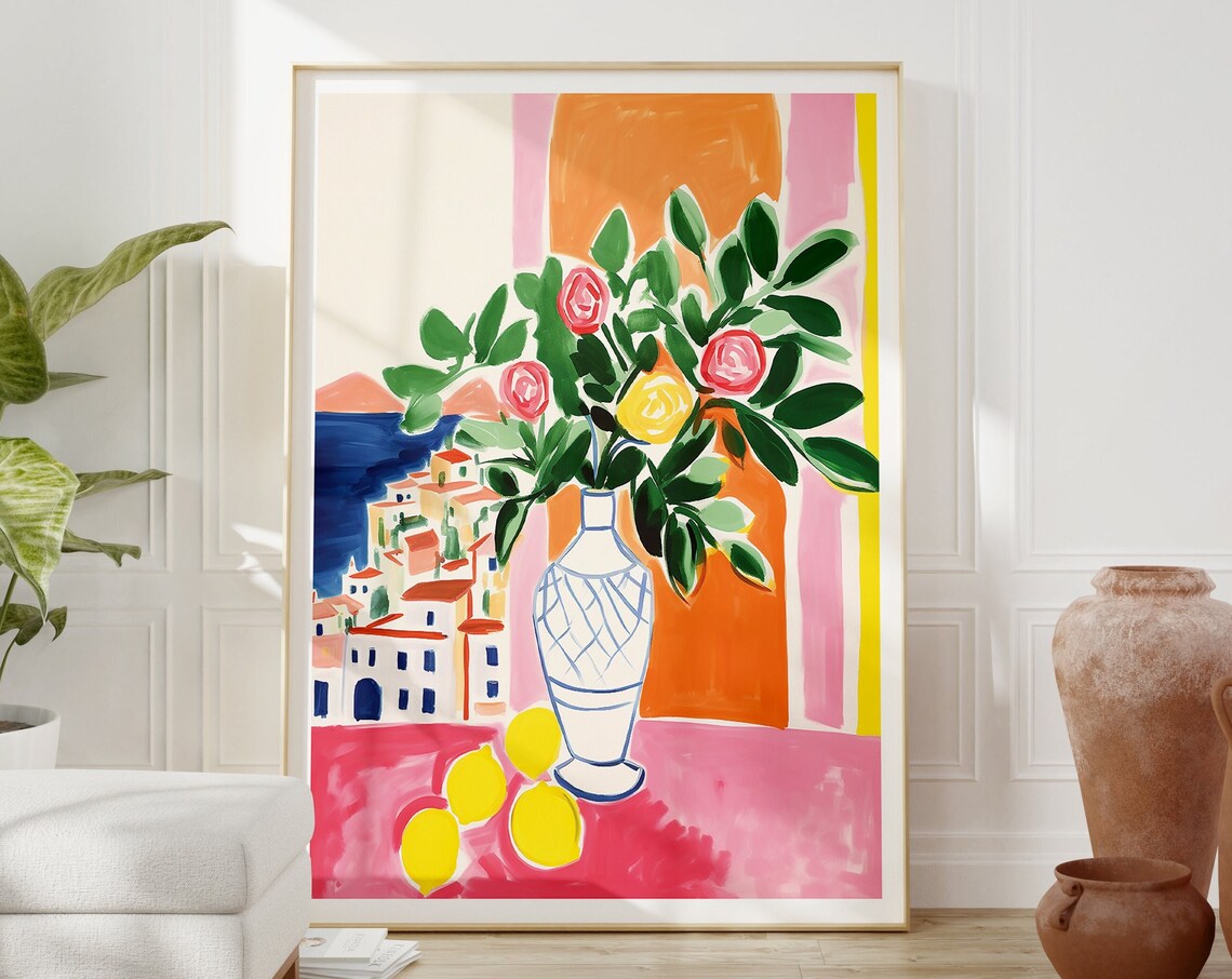 Capri Italy Bouquet Of Flowers and Lemons Watercolor Art Print