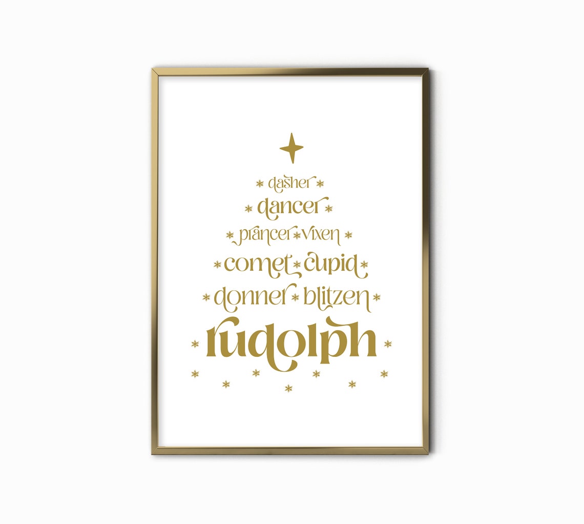 Rudolph and Reindeer Names Tree in Gold Script Typography Art Print - Image 2