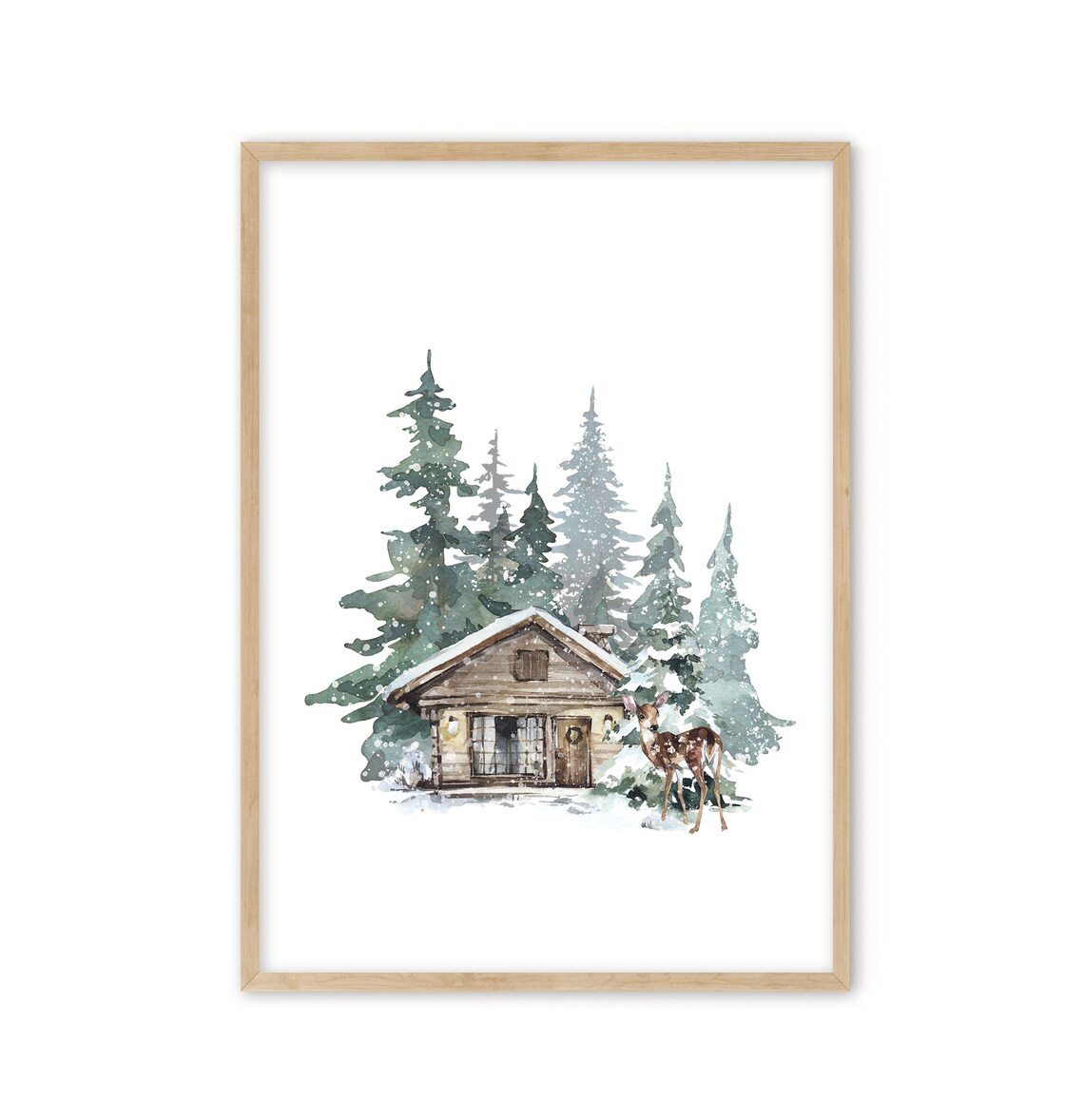 Snowy Log Cabin Among Towering Pines Watercolor Winter Forest Art Print