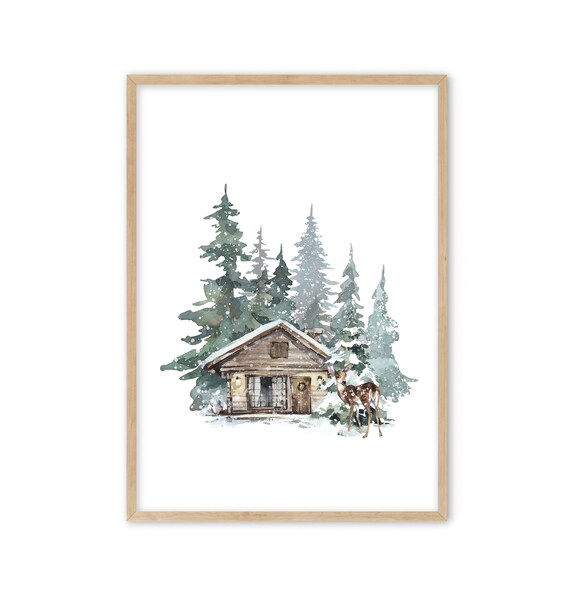 Snowy Log Cabin Among Towering Pines Watercolor Winter Forest Art Print