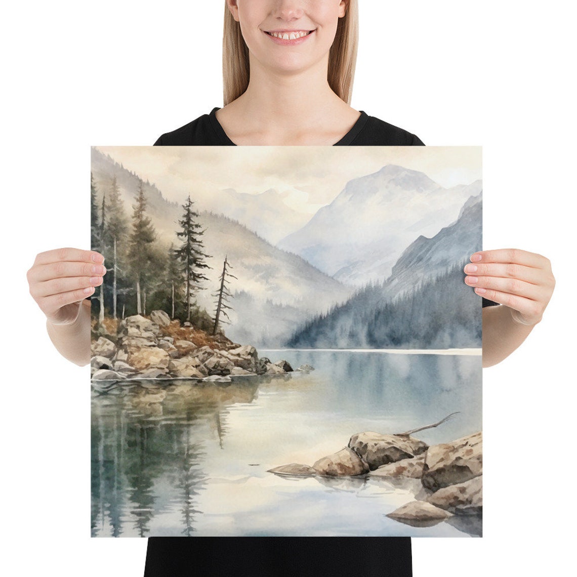 Neutral Mountain Lake with Rocky Shoreline Watercolor Landscape Poster - Image 5