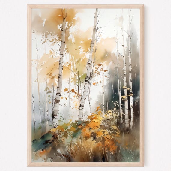 Birch Woods Art Print Fall Birch Trees Artwork Watercolor Birch Tree Painting Landscape Wall Art Housewarming Gift
