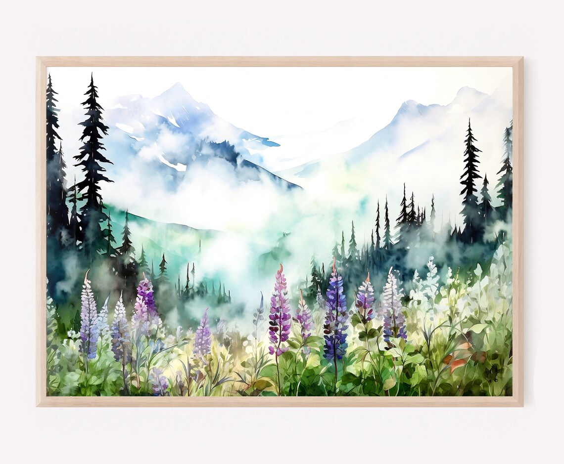 Misty Blue Mountain Peaks Purple Lupine Meadow Watercolor Poster