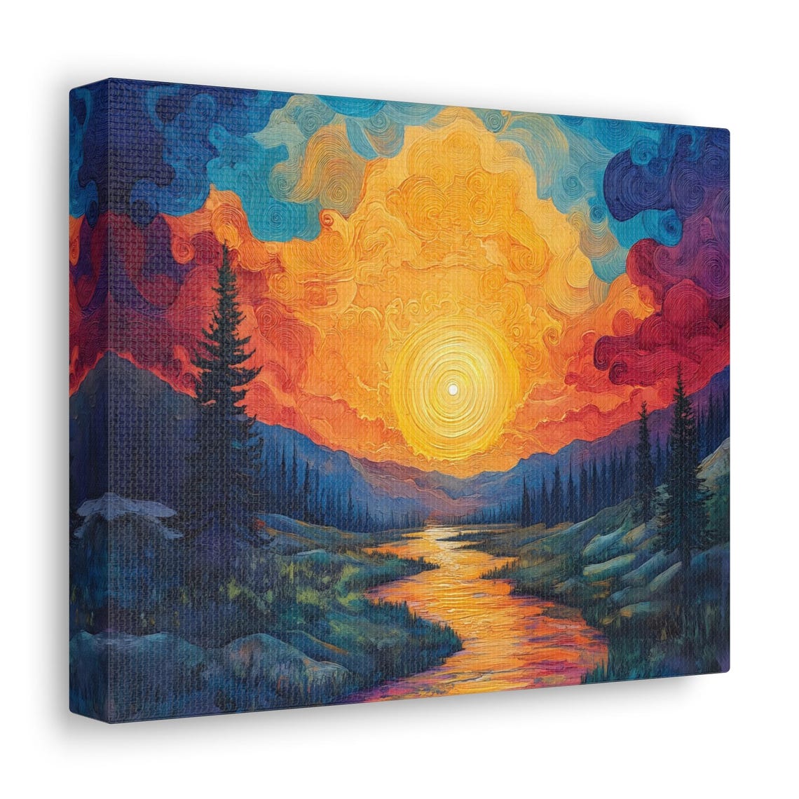 Swirling Psychedelic Sunset Sun Over Golden River Valley Art Print - Image 2