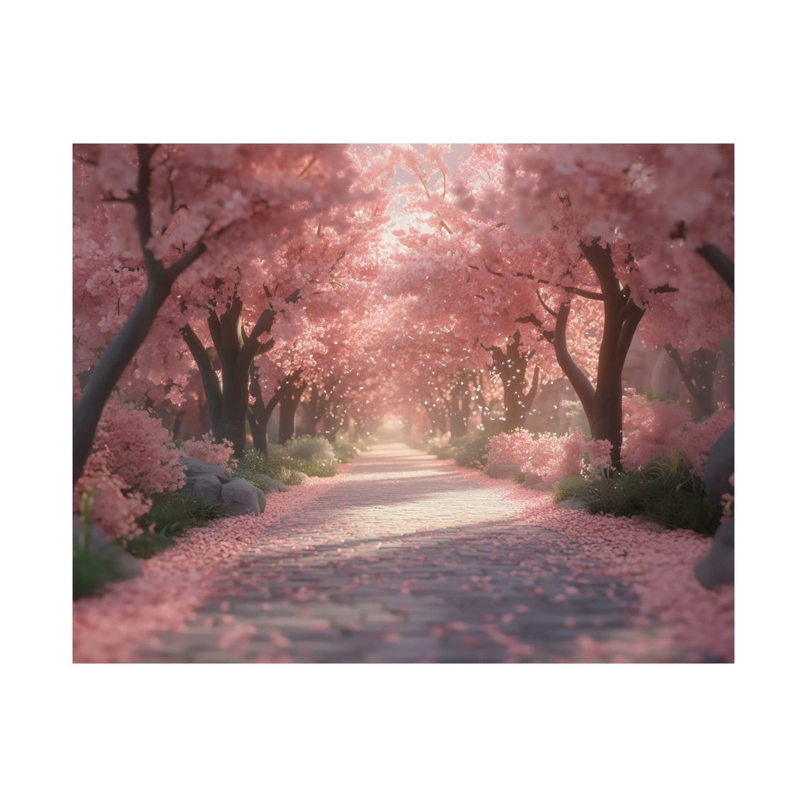 Sunlit Cherry Blossom Path Pink Petals Dreamy Spring Tunnel Poster - Image 3