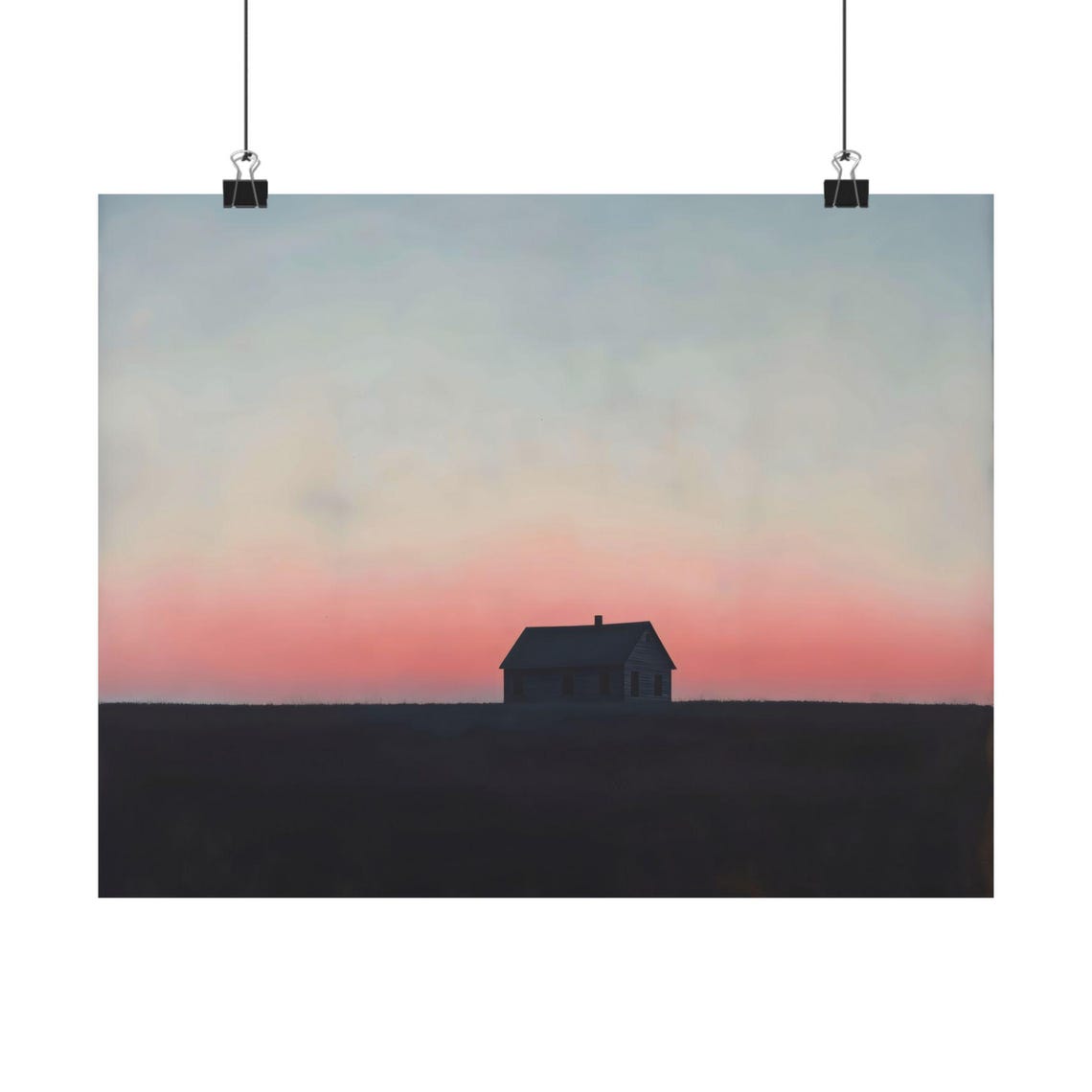 Minimalist Lone House Pink Gray Gradient Sky Solitude Wall Art
