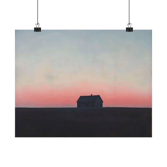 Vintage Farmhouse Sunset Poster Print Landscape Modern Painting Outdoor Nature Rustic Wall Print Airbnb Art Wall Decor