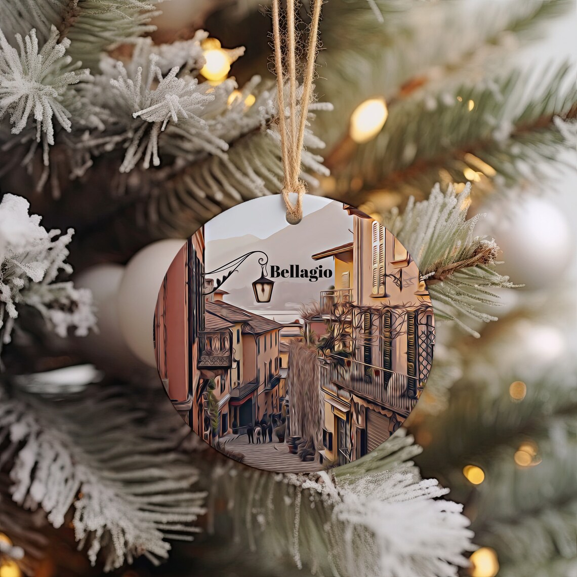 Bellagio Italy Street Scene Round Christmas Ornament Design Poster