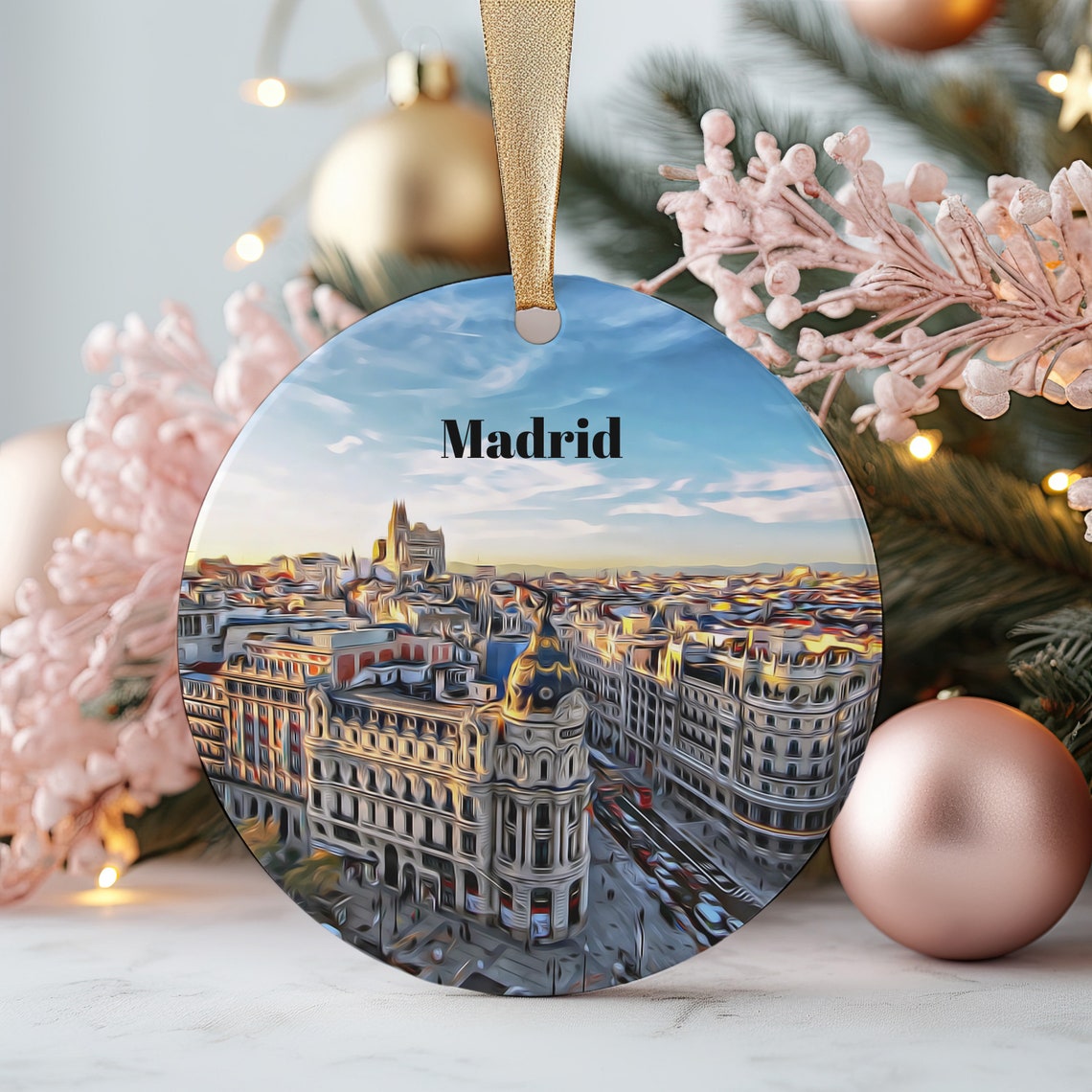 Madrid City Skyline Metropolis Round Ornament Keepsake Poster