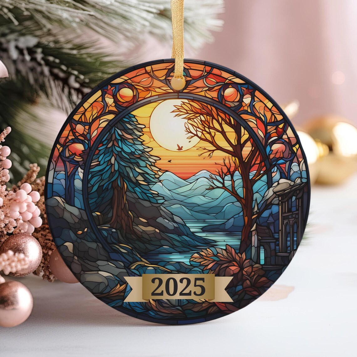 2025 Stained Glass Mountain Sunset Ornament Print Winter Holiday Keepsake