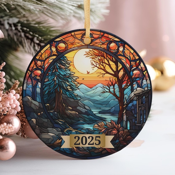 2025 Stained Glass Mountain Sunset Ornament Print Winter Holiday Keepsake